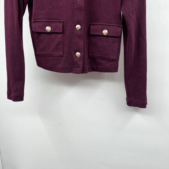 Ann Taylor Womens Cropped Sweater Jacket Gold Buttons Long Sleeve Maroon Small - Picture 3 of 9